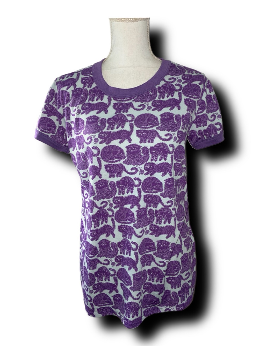 Purple Kitschy Cat Print Retro Style Ringer Tee Whimsycore Funky Fun Vibes